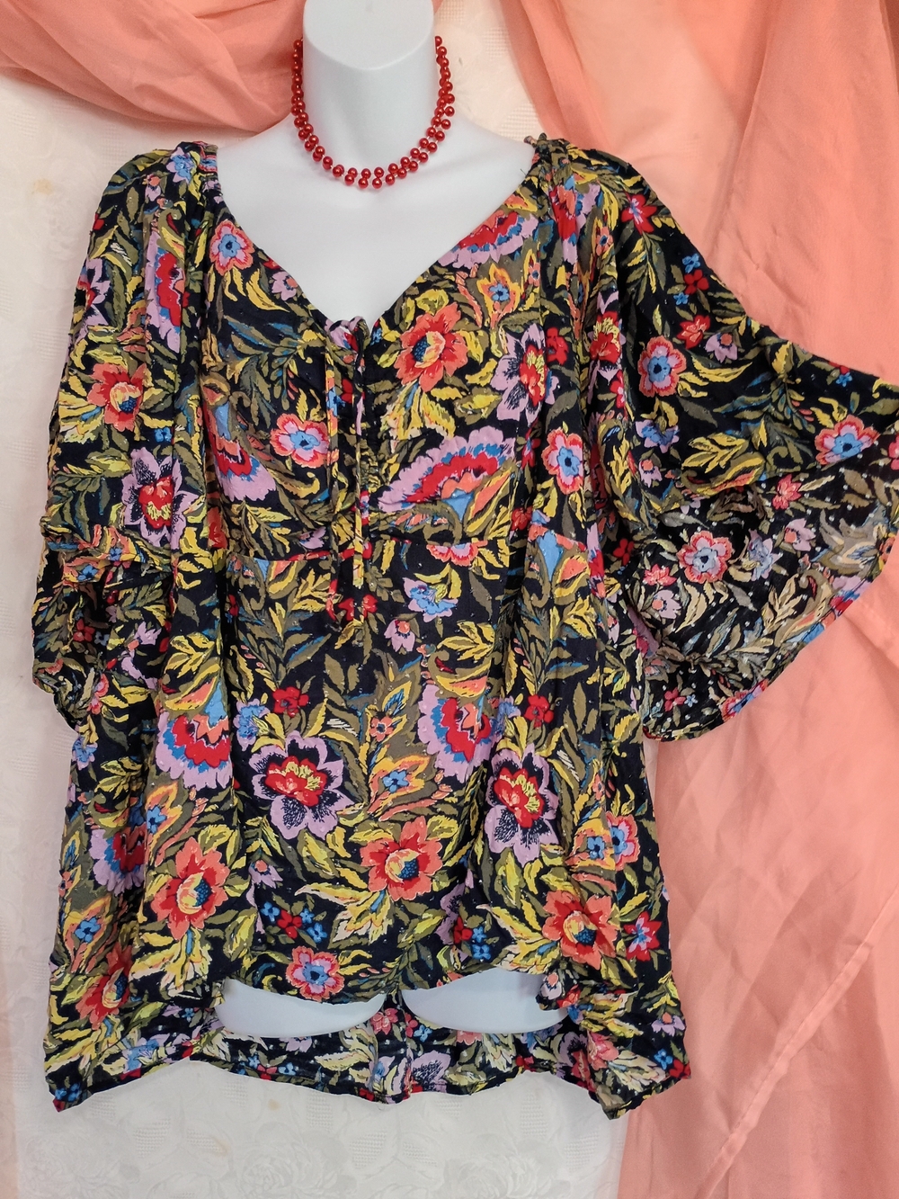 Terra & Sky Ladies Black Floral Peasant Blouse with Multicolor Print Sz 4X